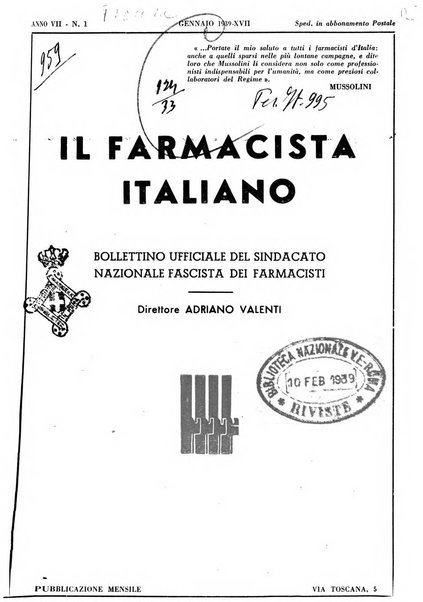 Il farmacista italiano bollettino ufficiale mensile del Sindacato nazionale fascista dei farmacisti