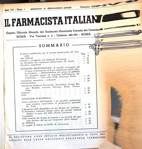 Il farmacista italiano bollettino ufficiale mensile del Sindacato nazionale fascista dei farmacisti