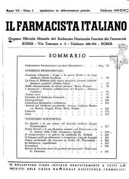 Il farmacista italiano bollettino ufficiale mensile del Sindacato nazionale fascista dei farmacisti