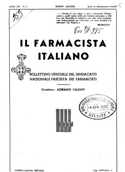 Il farmacista italiano bollettino ufficiale mensile del Sindacato nazionale fascista dei farmacisti