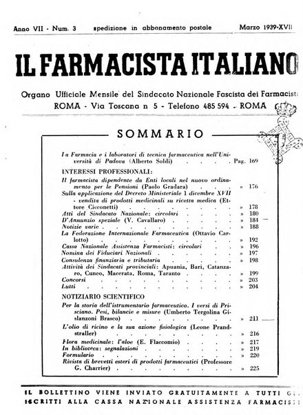 Il farmacista italiano bollettino ufficiale mensile del Sindacato nazionale fascista dei farmacisti