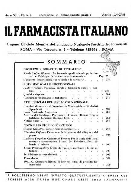 Il farmacista italiano bollettino ufficiale mensile del Sindacato nazionale fascista dei farmacisti