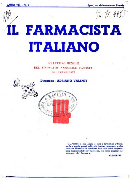 Il farmacista italiano bollettino ufficiale mensile del Sindacato nazionale fascista dei farmacisti