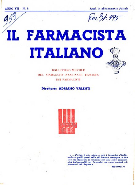 Il farmacista italiano bollettino ufficiale mensile del Sindacato nazionale fascista dei farmacisti