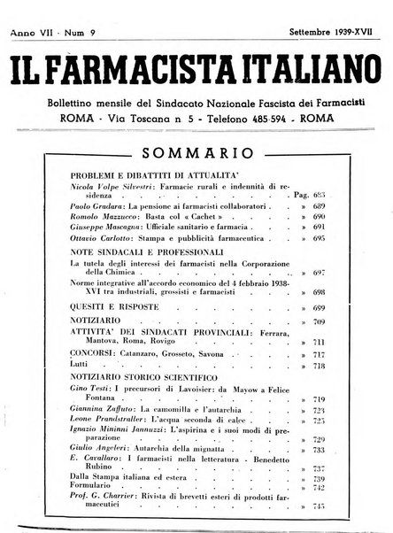 Il farmacista italiano bollettino ufficiale mensile del Sindacato nazionale fascista dei farmacisti