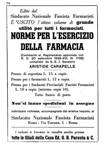 Il farmacista italiano bollettino ufficiale mensile del Sindacato nazionale fascista dei farmacisti