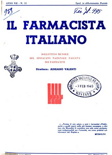 Il farmacista italiano bollettino ufficiale mensile del Sindacato nazionale fascista dei farmacisti