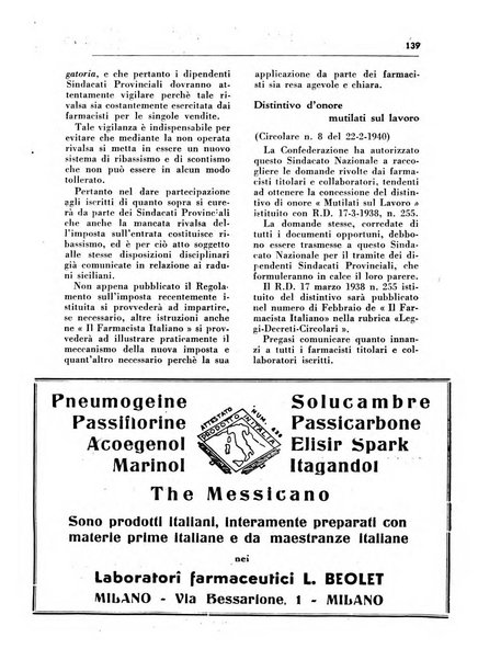 Il farmacista italiano bollettino ufficiale mensile del Sindacato nazionale fascista dei farmacisti