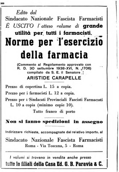 Il farmacista italiano bollettino ufficiale mensile del Sindacato nazionale fascista dei farmacisti