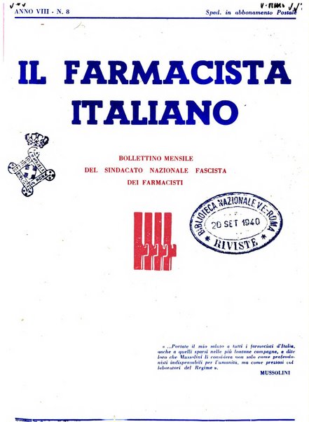 Il farmacista italiano bollettino ufficiale mensile del Sindacato nazionale fascista dei farmacisti