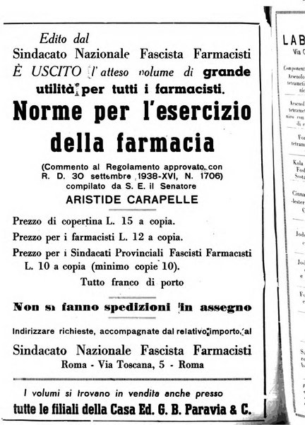 Il farmacista italiano bollettino ufficiale mensile del Sindacato nazionale fascista dei farmacisti