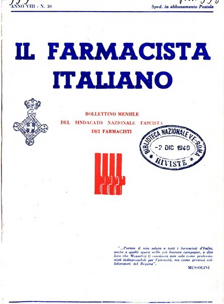 Il farmacista italiano bollettino ufficiale mensile del Sindacato nazionale fascista dei farmacisti