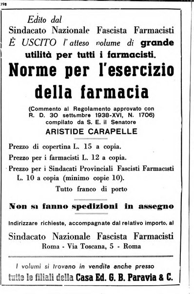 Il farmacista italiano bollettino ufficiale mensile del Sindacato nazionale fascista dei farmacisti