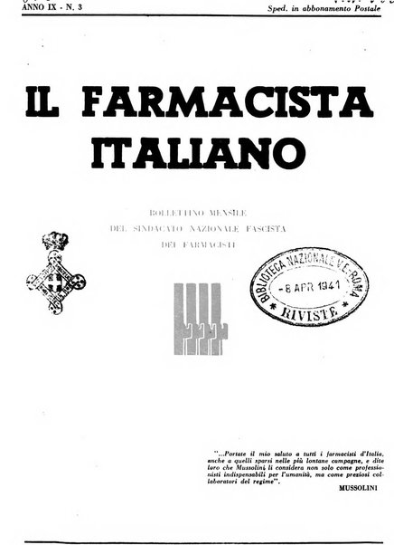 Il farmacista italiano bollettino ufficiale mensile del Sindacato nazionale fascista dei farmacisti