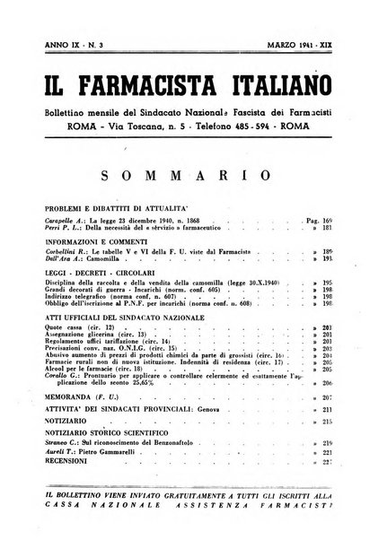 Il farmacista italiano bollettino ufficiale mensile del Sindacato nazionale fascista dei farmacisti