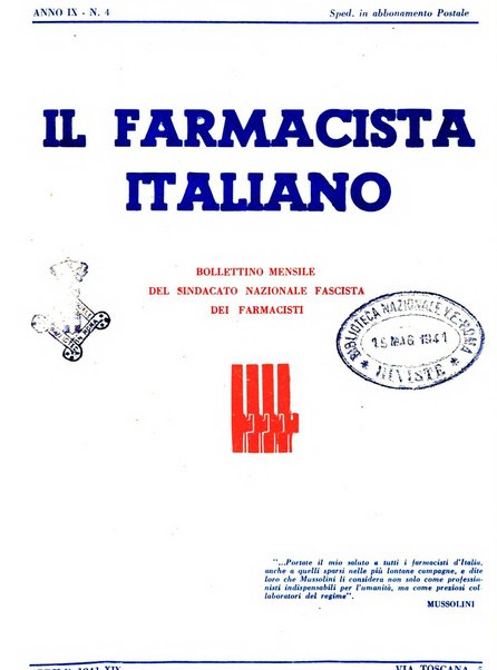 Il farmacista italiano bollettino ufficiale mensile del Sindacato nazionale fascista dei farmacisti