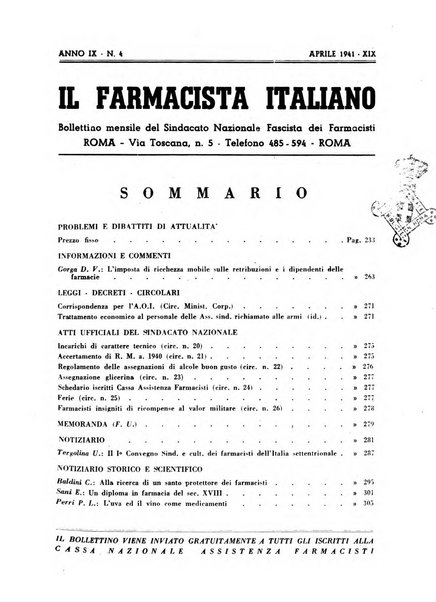 Il farmacista italiano bollettino ufficiale mensile del Sindacato nazionale fascista dei farmacisti