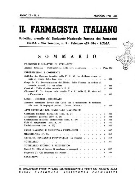 Il farmacista italiano bollettino ufficiale mensile del Sindacato nazionale fascista dei farmacisti