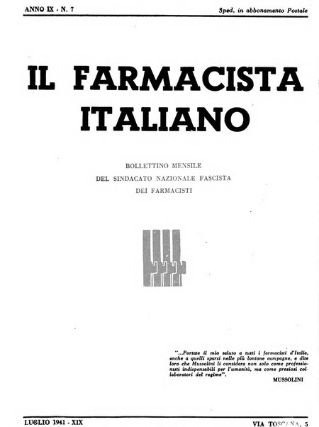 Il farmacista italiano bollettino ufficiale mensile del Sindacato nazionale fascista dei farmacisti