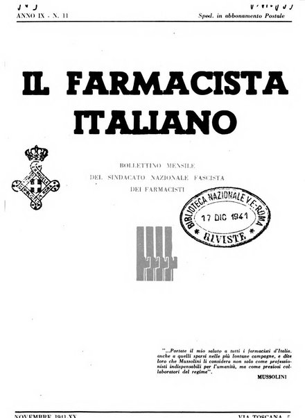 Il farmacista italiano bollettino ufficiale mensile del Sindacato nazionale fascista dei farmacisti