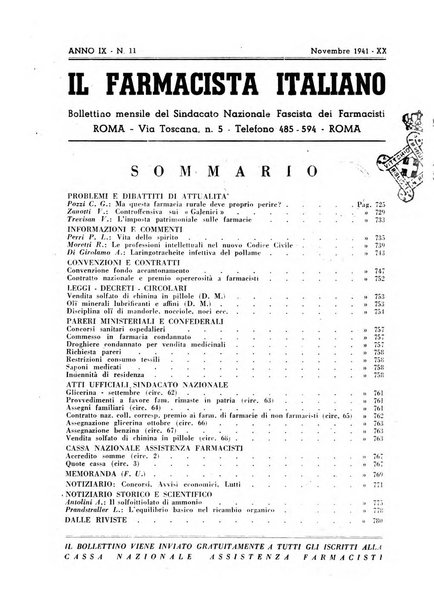 Il farmacista italiano bollettino ufficiale mensile del Sindacato nazionale fascista dei farmacisti