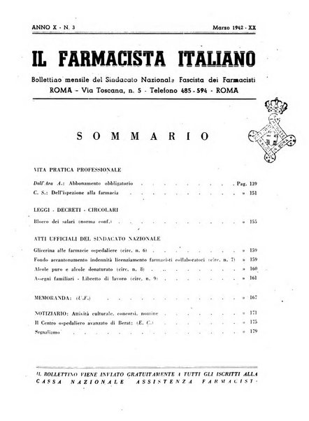 Il farmacista italiano bollettino ufficiale mensile del Sindacato nazionale fascista dei farmacisti