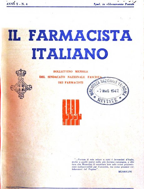 Il farmacista italiano bollettino ufficiale mensile del Sindacato nazionale fascista dei farmacisti