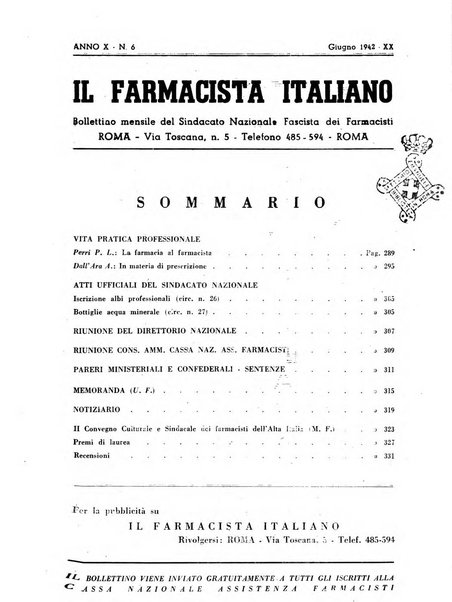 Il farmacista italiano bollettino ufficiale mensile del Sindacato nazionale fascista dei farmacisti