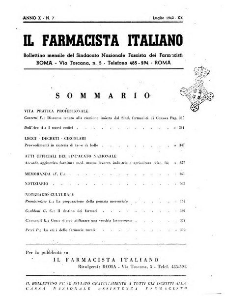 Il farmacista italiano bollettino ufficiale mensile del Sindacato nazionale fascista dei farmacisti