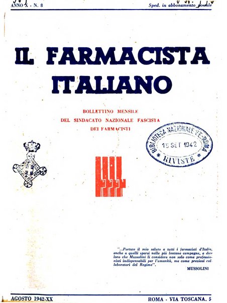 Il farmacista italiano bollettino ufficiale mensile del Sindacato nazionale fascista dei farmacisti