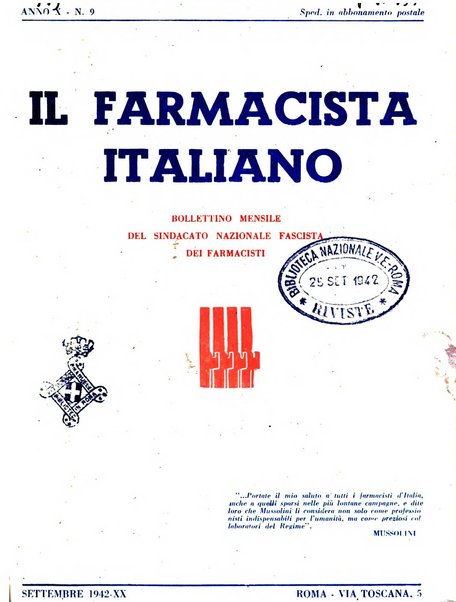 Il farmacista italiano bollettino ufficiale mensile del Sindacato nazionale fascista dei farmacisti