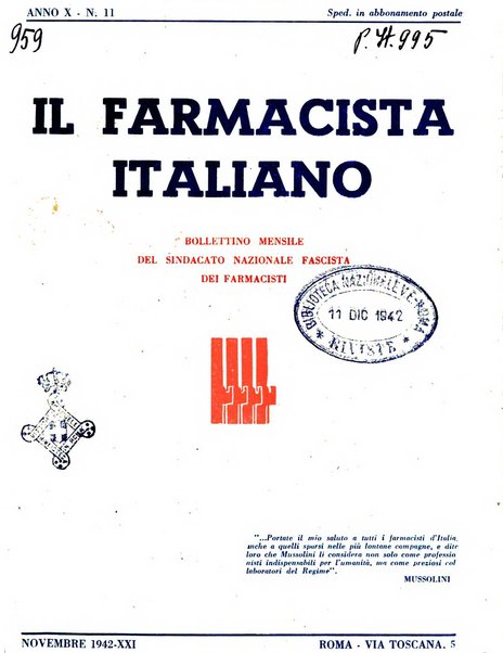 Il farmacista italiano bollettino ufficiale mensile del Sindacato nazionale fascista dei farmacisti