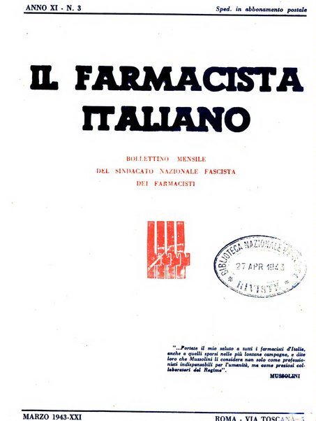 Il farmacista italiano bollettino ufficiale mensile del Sindacato nazionale fascista dei farmacisti