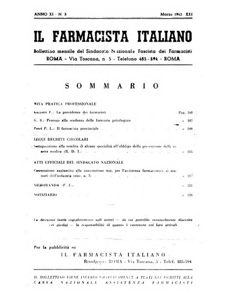 Il farmacista italiano bollettino ufficiale mensile del Sindacato nazionale fascista dei farmacisti