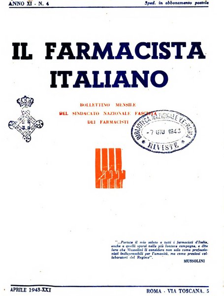 Il farmacista italiano bollettino ufficiale mensile del Sindacato nazionale fascista dei farmacisti