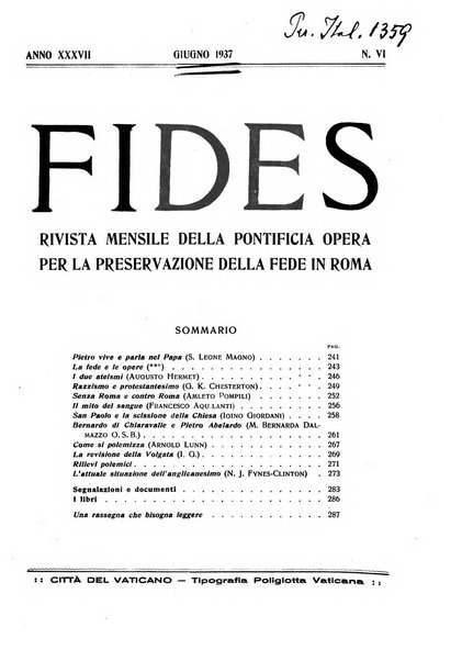 Fides rivista mensile della Pontificia opera per la preservazione della fede in Roma