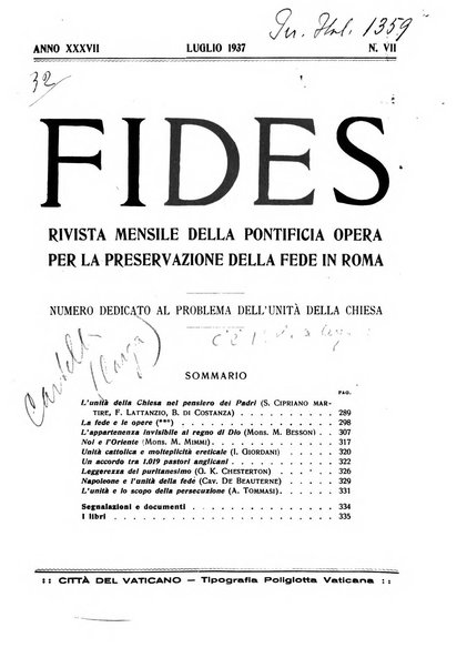 Fides rivista mensile della Pontificia opera per la preservazione della fede in Roma