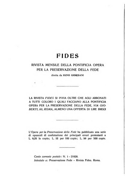 Fides rivista mensile della Pontificia opera per la preservazione della fede in Roma