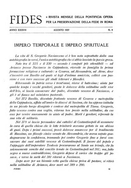 Fides rivista mensile della Pontificia opera per la preservazione della fede in Roma