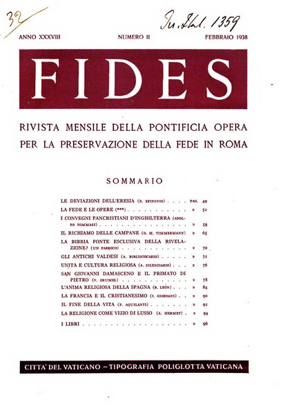 Fides rivista mensile della Pontificia opera per la preservazione della fede in Roma