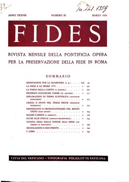 Fides rivista mensile della Pontificia opera per la preservazione della fede in Roma