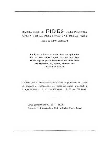 Fides rivista mensile della Pontificia opera per la preservazione della fede in Roma