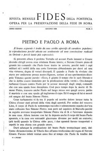 Fides rivista mensile della Pontificia opera per la preservazione della fede in Roma