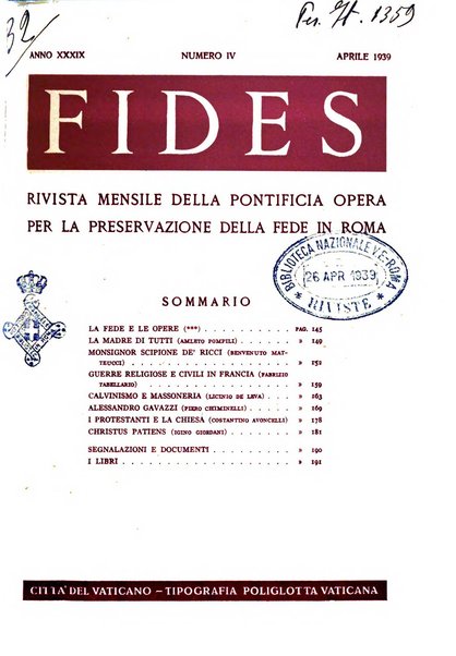 Fides rivista mensile della Pontificia opera per la preservazione della fede in Roma