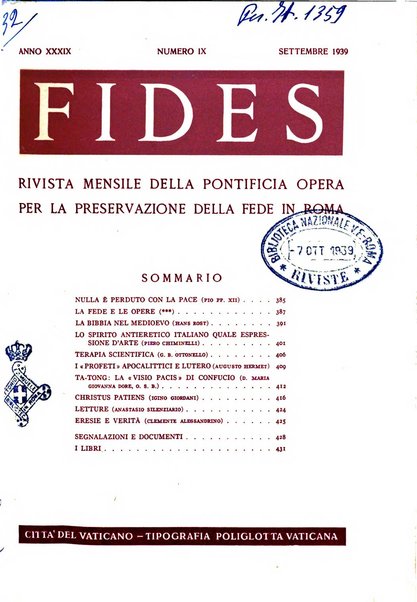 Fides rivista mensile della Pontificia opera per la preservazione della fede in Roma