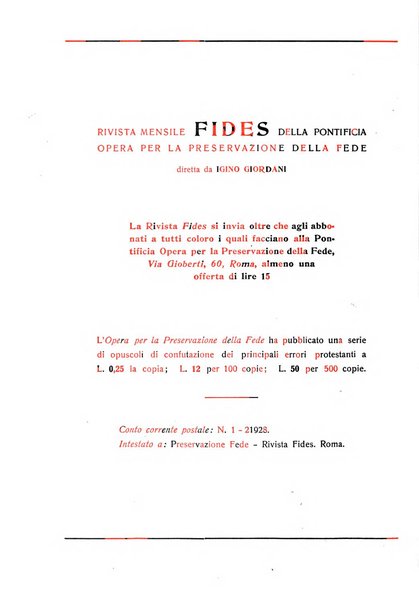 Fides rivista mensile della Pontificia opera per la preservazione della fede in Roma