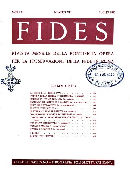 Fides rivista mensile della Pontificia opera per la preservazione della fede in Roma