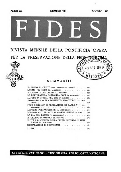 Fides rivista mensile della Pontificia opera per la preservazione della fede in Roma