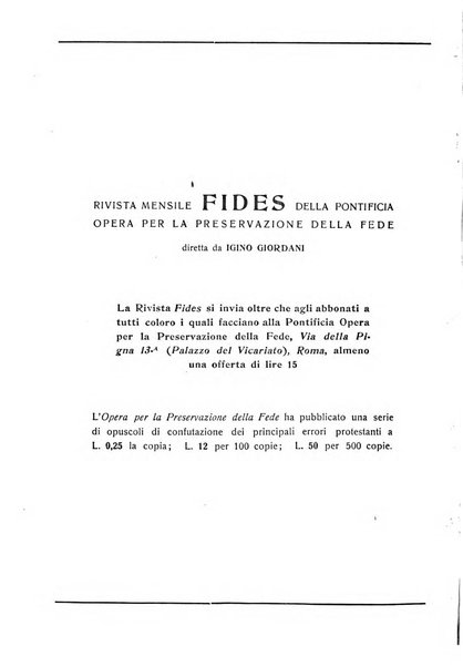 Fides rivista mensile della Pontificia opera per la preservazione della fede in Roma