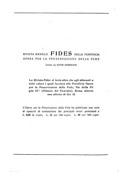 Fides rivista mensile della Pontificia opera per la preservazione della fede in Roma